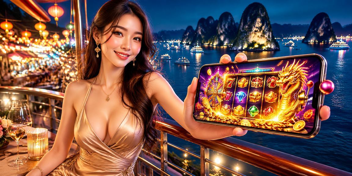 Người chơi slots trên điện thoại tại khu vực Hạ Long Bay về đêm